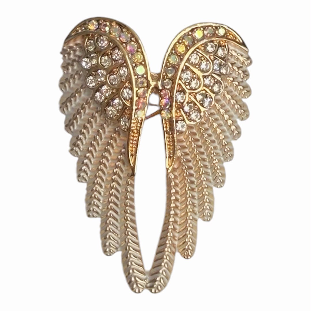 Gold Tone Angel Wings Brooch Pin with Clear Crystals and White Enamel Detail