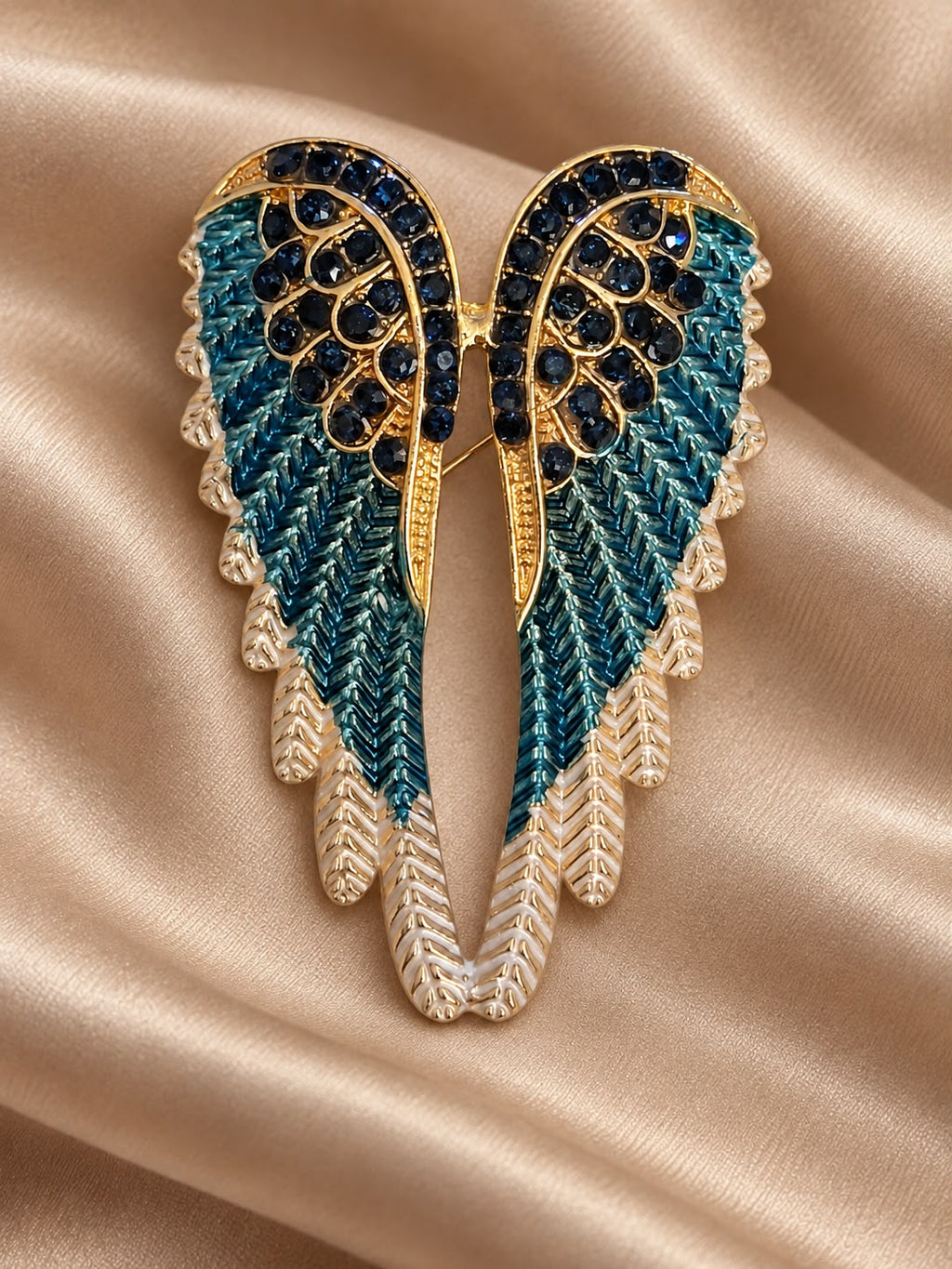 Gold Tone Angel Wings Brooch Pin with Blue Crystals and Enamel Detail