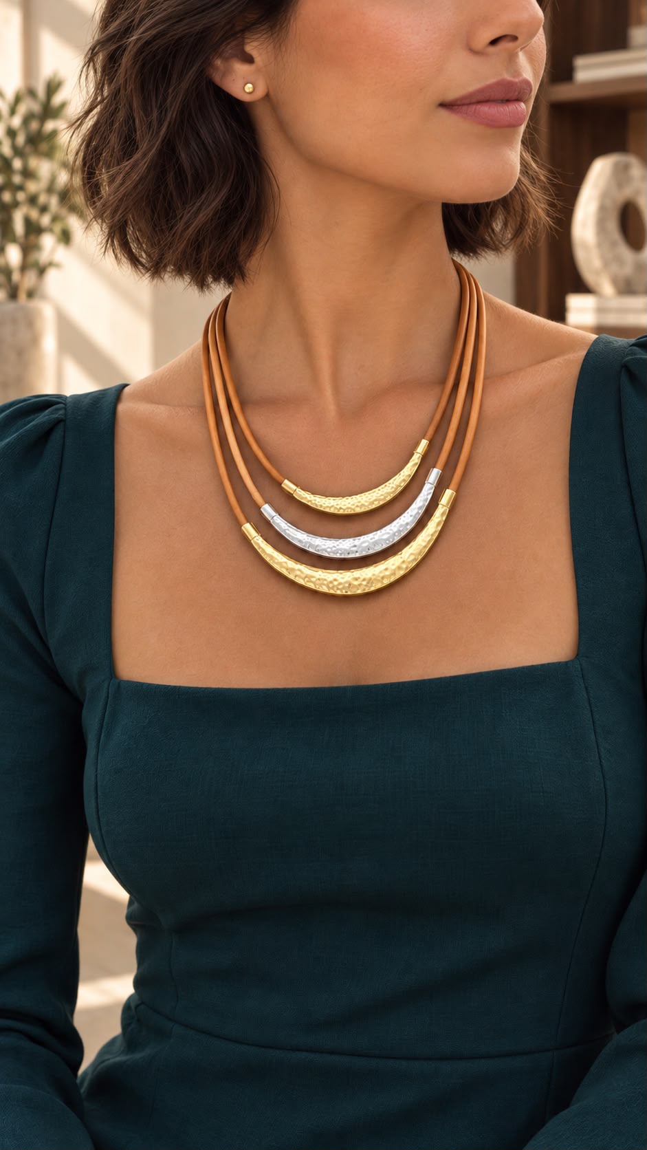 Multi-Strand Cord Statement Necklace with Hammered Gold and Silver Tone Curved Tubes
