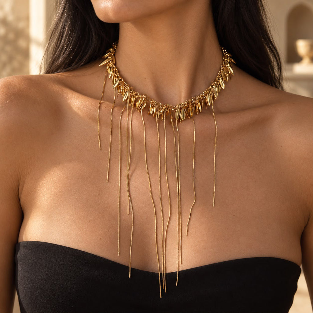 Gold Leaf Choker Necklace with Draping Fringe Chains