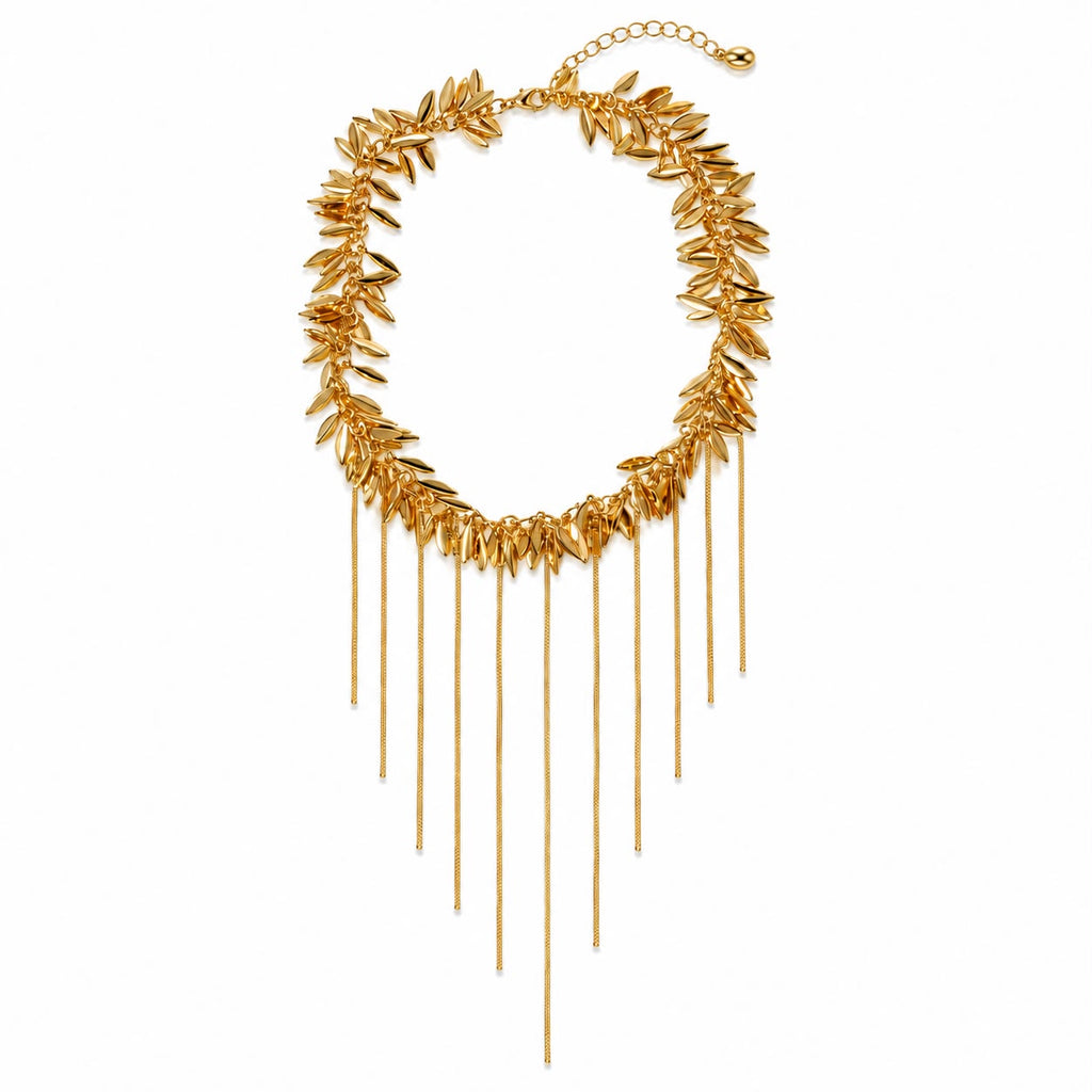 Gold Leaf Choker Necklace with Draping Fringe Chains