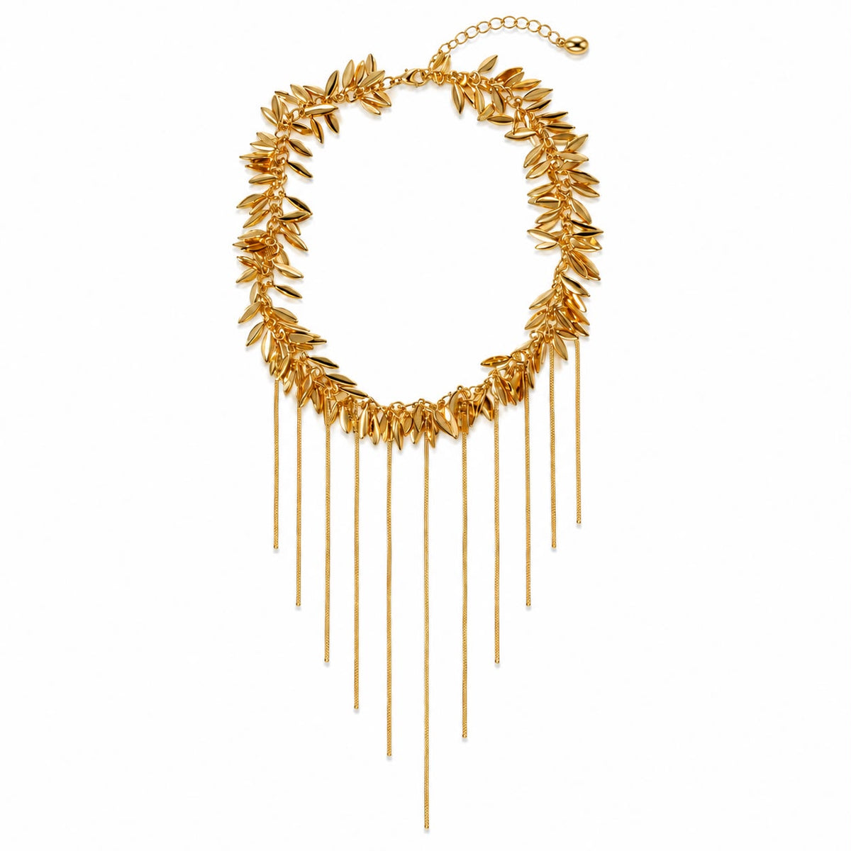 Gold Leaf Choker Necklace with Draping Fringe Chains