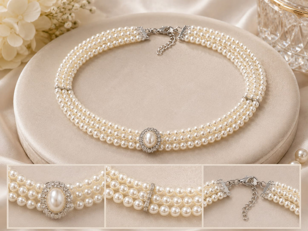 3-Strand Pearl Choker Necklace with Two-Tone Oval Crystal Brooch Accent