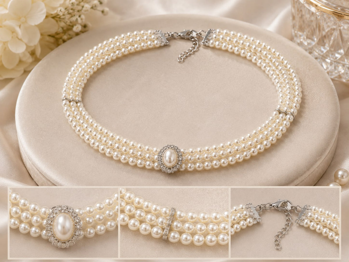 3-Strand Pearl Choker Necklace with Two-Tone Oval Crystal Brooch Accent