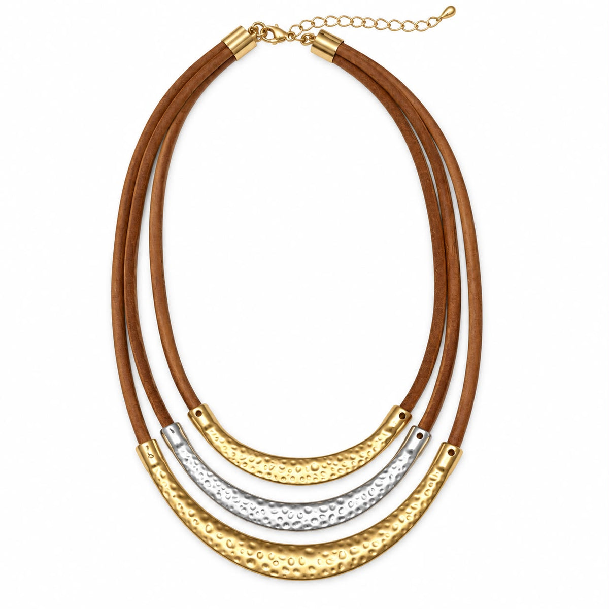 Multi-Strand Cord Statement Necklace with Hammered Gold and Silver Tone Curved Tubes