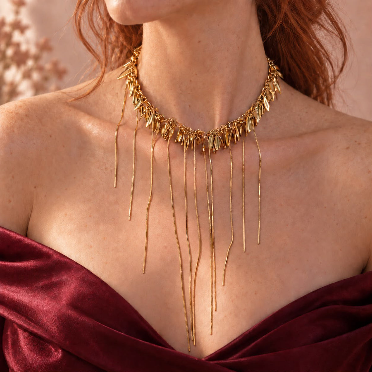 Gold Leaf Choker Necklace with Draping Fringe Chains