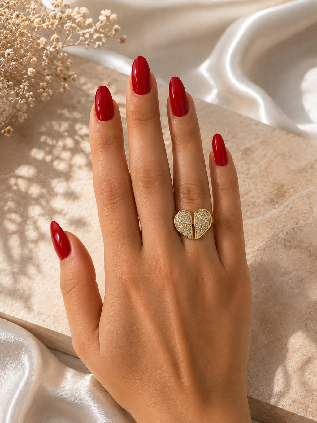 Adjustable Gold Open Heart Ring with Pave CZ Crystals